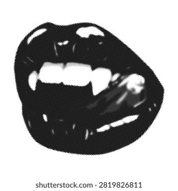 Highcontrast halftone graphic featuring open lips and sharp vampire fangs isolated against a transparenteffect background for horror themes