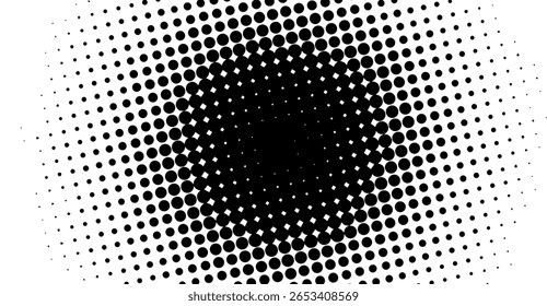 Um padrão de meio-tom de alto contraste apresenta um gradiente radial de pontos pretos densos gradualmente em transição para uma matriz esparsa em um fundo branco nítido, oferecendo textura visual dinâmica