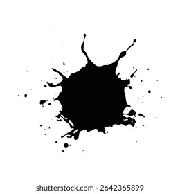 A high-contrast image of a black ink splatter against a stark white background. The splatter is irregular and dynamic with varying sized droplets. The overall mood is bold and graphic.