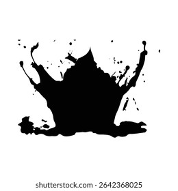 A high-contrast image depicting a black ink splash against a white background. The ink exhibits dynamic, irregular shapes with varied thicknesses and textures. 