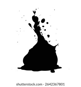 A high-contrast image depicts a black ink splash against a white background. The ink forms a dynamic, irregular shape with various sized droplets and splatters surrounding the main form. 