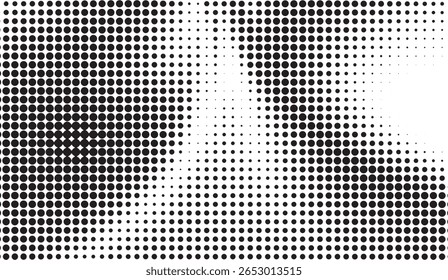 A high-contrast image displays a halftone pattern of black circles against a white background, with varying densities creating visual gradients and abstract formations throughout the design