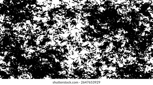 High-contrast image showcases a dense abstract composition with a dynamic interplay of black and white splatters, creating a textured and mottled pattern that emphasizes sharp contrasts