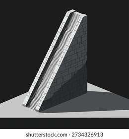 Uma ilustração vetorial isométrica de alto contraste de uma estrutura de escadaria de pedra dramaticamente íngreme e alta, renderizada em tons de cinza contra um fundo escuro, simbolizando desafio, crescimento ou obstáculos intransponíveis.