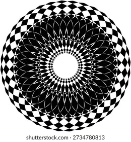 A high-contrast mandala featuring large black and white diamond-shaped checkers, perfect for floor tile designs or wall art.