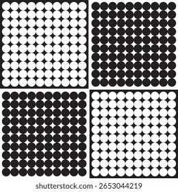 A high-contrast minimalist abstract pattern featuring four quadrants of black and white dots arranged in a perfect grid. Each quadrant alternates the positive and negative spaces to create a subtle op