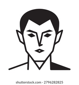 A high-contrast, minimalist illustration of a human face with bold black lines and shapes, featuring geometric eyes and a neutral expression. The background is plain white, emphasizing the stark silho.
