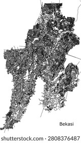 High-contrast, minimalist urban road map of Bekasi, capturing the dense, sprawling street network and major transit arteries of this prominent Indonesian city.