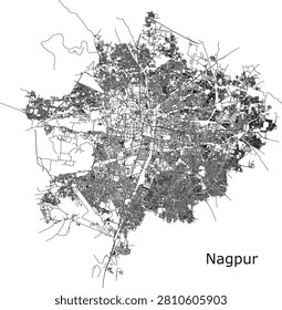 High-contrast, minimalist urban road map of Nagpur, capturing the dense, radiocentric street network and major transit arteries of this major Indian metropolis.