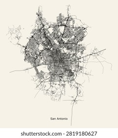 High-contrast, minimalist urban road map of San Antonio, capturing the expansive concentric loop system, branching neighborhood grids, and sprawling historic transit corridors of this major Texas metropolis.