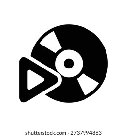 High-contrast minimalist vector icon featuring a vinyl record and play button in bold black and white, ideal for music apps, media players, and modern branding projects.