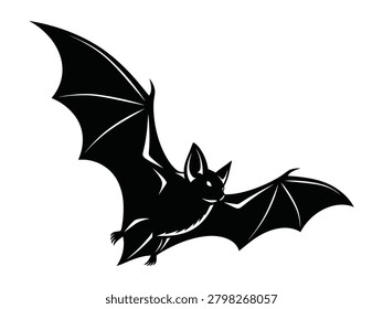 A high-contrast, minimalist vector illustration of a bat in flight, featuring sharp lines and a clean silhouette, isolated on a white background.