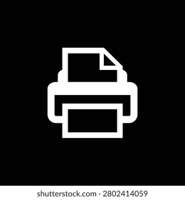 A high-contrast minimalist vector illustration featuring the classic printer icon in solid white, inverted over a square black background. The clean graphic consists of a bold hardware silhouette showing a document feed sheet with a folded corner at the top and a printed page emerging from the output tray at the bottom, creating a modern dark-mode button. This graphic asset universally represents printing settings, paper documentation, hardcopy features, office equipment, and digital workflow systems. Perfectly suited for dark-themed app user interfaces, web navigation menus, corporate software branding, and minimalist layout designs