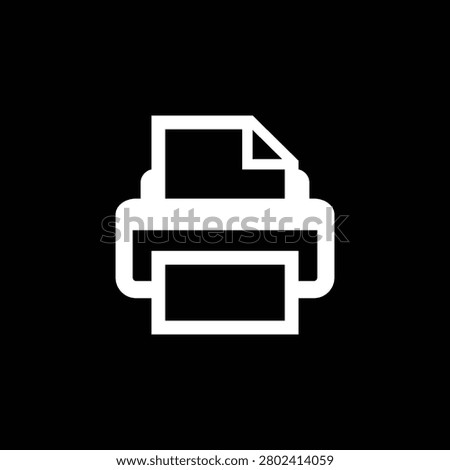 A high-contrast minimalist vector illustration featuring the classic printer icon in solid white, inverted over a square black background. The clean graphic consists of a bold hardware silhouette showing a document feed sheet with a folded corner at the top and a printed page emerging from the output tray at the bottom, creating a modern dark-mode button. This graphic asset universally represents printing settings, paper documentation, hardcopy features, office equipment, and digital workflow systems. Perfectly suited for dark-themed app user interfaces, web navigation menus, corporate software branding, and minimalist layout designs