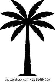A high-contrast, minimalist vector-style graphic of a single palm tree, centered against a solid, stark white background. The palm tree is rendered as a bold, solid black silhouette, characterized by a slender, textured trunk featuring evenly spaced horizontal notches and a symmetrical canopy of wide, jagged-edged palm fronds that fan outwards in a fan-like pattern. The design is clean, graphic, and iconic, lacking any shading, gradients, or complex textures, emphasizing a clear, sharp outline and a flat 2D aesthetic suitable for a logo, icon, or stenciled artwork. The overall composition is balanced and symmetrical, evoking a tropical, clean, and modern mood with strong, definitive lines that create a striking visual impact.