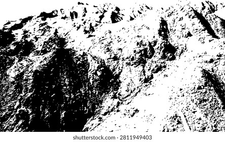 High-contrast monochrome illustration featuring stark black shadows and rugged stone textures of a cliff face under a bright white sky