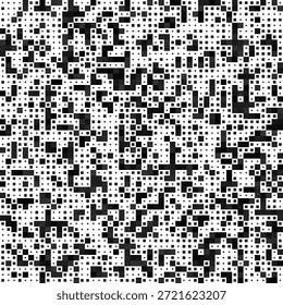 High-contrast monochrome pattern featuring a dense, complex mosaic of black and grey pixelated blocks and grids scattered on a clean white background.