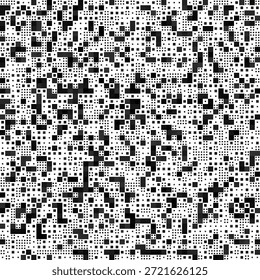 Un patrón monocromático de alto contraste con un mosaico denso y variado de bloques pixelados negros y grises y cuadrículas de puntos dispersos sobre un fondo blanco.