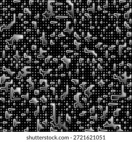 High-contrast monochrome pattern featuring organic, liquid-like silver shapes and droplets with a 3D metallic sheen overlaid on a dense, precise grid of small dots and squares against a black background.