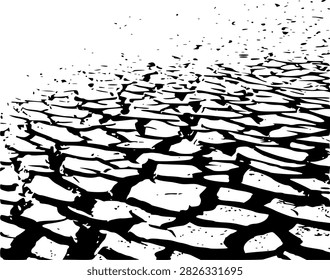 A high-contrast perspective vector illustration of cracked dry earth dissolving into flying dust particles and debris. Features a bold 3D perspective view of deep fissure cracks and parched mud blocks fading smoothly into a white background. Ideal for drought concepts, climate change graphics, global warming posters, environmental disaster illustrations, desert ground backgrounds, and grunge vector overlays.