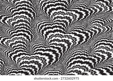 Padrão Moire psicodélico de alto contraste com distorção óptica ondulada e grão marmoreado