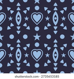 Patrón geométrico étnico sin costuras de alto contraste en azul marino y azul claro con corazones, estrellas y símbolos abstractos. Repetición editable para textiles, Fondo de pantalla, embalaje y diseño de superficies modernas.