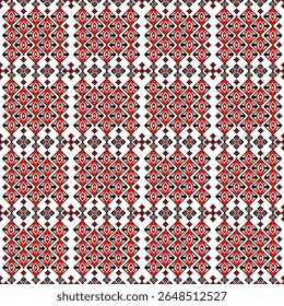 
Padrão geométrico contínuo de alto contraste em uma impressionante combinação de vermelho, preto e branco. O design consiste em repetição, losango empilhado e formas quadradas, criando um altamente detalhado e textura