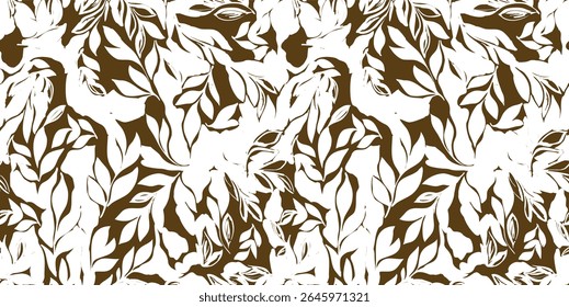Padrão sem emenda de alto contraste de folhas abstratas em marrom escuro e branco. Uma ilustração botânica gráfica moderna, ideal para têxteis, papel de parede elegante ou projetos de marca contemporâneos