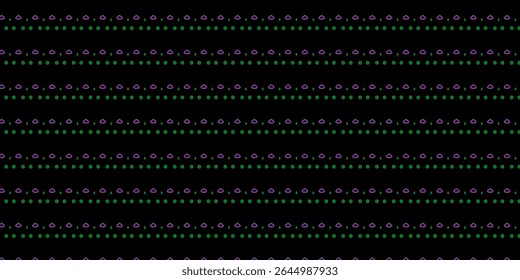 High-contrast seamless pattern with glowing green and purple shapes on black background. Ideal for futuristic, digital, or edgy fashion concepts. Keywords: neon, abstract, seamless, tech, glow.