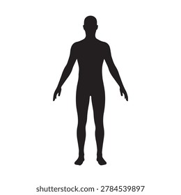 A high-contrast silhouette of a human figure standing upright with arms slightly away from the body. The figure is depicted in a solid black shade against a plain, light gray background, creating a mi.