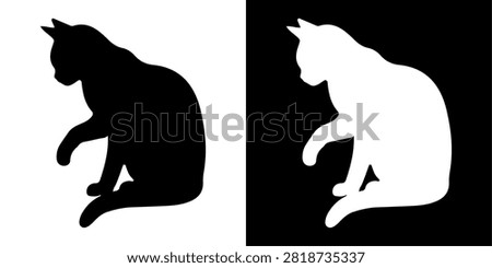 A high-contrast silhouette image of a sitting cat with a curled tail, emphasizing feline shape and posture against a plain background.