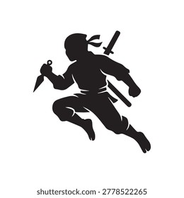A high-contrast silhouette of a ninja in dynamic mid-action pose, holding a katana in one hand and a shuriken in the other, poised for combat. The figure is captured in a crouched, agile stance, empha.