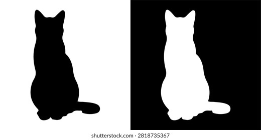 A high-contrast silhouette of a sitting cat with a curled tail, emphasizing its elegant posture and feline shape against a plain background.