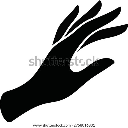A high-contrast, solid black graphic illustration of a human hand depicted in a reaching or grasping pose. The design features smooth, clean lines and a stylized representation of fingers and palm, suitable for icons, logos, or symbolic communication.