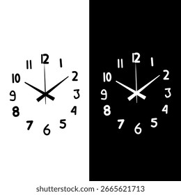 A high-contrast, split-panel image showing two identical clock faces. The left side features a black clock on a white background, while the right side displays a white clock on a black background.