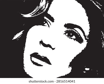 High-contrast stencil art of a woman's face, black-and-white pop art portrait vector, stylized female silhouette with dramatic shadows