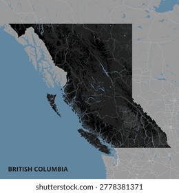 High-contrast, stylized map of British Columbia, Canada, highlighting the province's rugged mountainous terrain and extensive coastline.