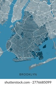 High-contrast, stylized urban map of Brooklyn, New York, showcasing the borough's dense street grid and its position within the New York City archipelago.