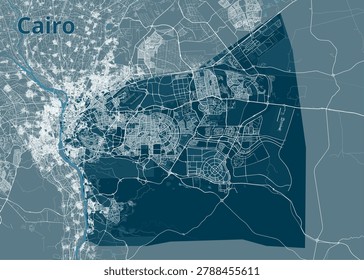 High-contrast, stylized urban map of Cairo, Egypt, showcasing the sprawling megalopolis and the historic path of the Nile River.