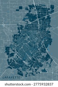 High-contrast, stylized urban map of Lafayette, Louisiana, showcasing the city's complex street grid and the winding path of the Vermilion River.