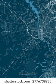 High-contrast, stylized urban map of Phenix City, Alabama, illustrating its street network and its relationship with the Chattahoochee River.
