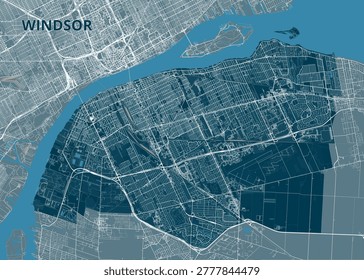 High-contrast, stylized urban map of Windsor, Ontario, showcasing its dense street grid and strategic location along the Detroit River.
