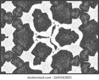 a high-contrast, textured pattern resembling large inkblots. Irregular, dark gray, stippled shapes are set against a granular white background, bordered by a thin dark frame.