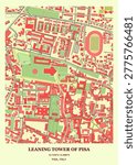High-contrast urban map of the area surrounding the Leaning Tower of Pisa in Pisa, Italy.