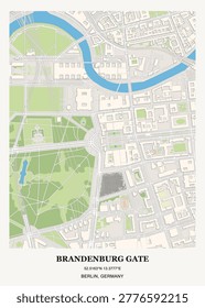 High-contrast urban map of the area surrounding the Brandenburg Gate in Berlin, Germany.