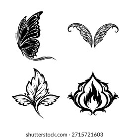 Gráficos vetoriais de alto contraste com borboleta e folhas, perfeito para arte de tatuagem e design gráfico