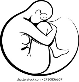 Ilustração vetorial de alto contraste mesclando uma figura humana em uma curva fetal com a espiral geométrica de uma concha de náutilo. O design usa caminhos ousados e limpos e espaço negativo para representar o recuo psicológico em si mesmo, a cura emocional e a concha protetora formada pelo trauma. Perfeito para marca de saúde mental, ícones de psicologia ou arte editorial simbólica.
