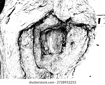 Ilustración vectorial de alto contraste de un tronco de árbol erosionado con un agujero natural. Textura artística de corteza monocromática para la naturaleza y diseños botánicos.