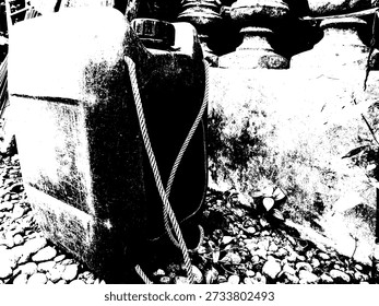 High-contrast vector of a plastic jerry can with rope and gritty texture. Grungy industrial element for logistics, storage, and survival designs.
