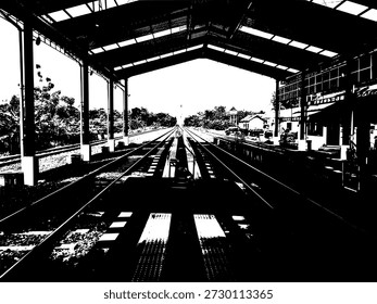 Vetor de alto contraste de uma plataforma de estação ferroviária. Silhueta monocromática artística de trilhos de trem e telhado de estação para conceitos urbanos e de viagem.